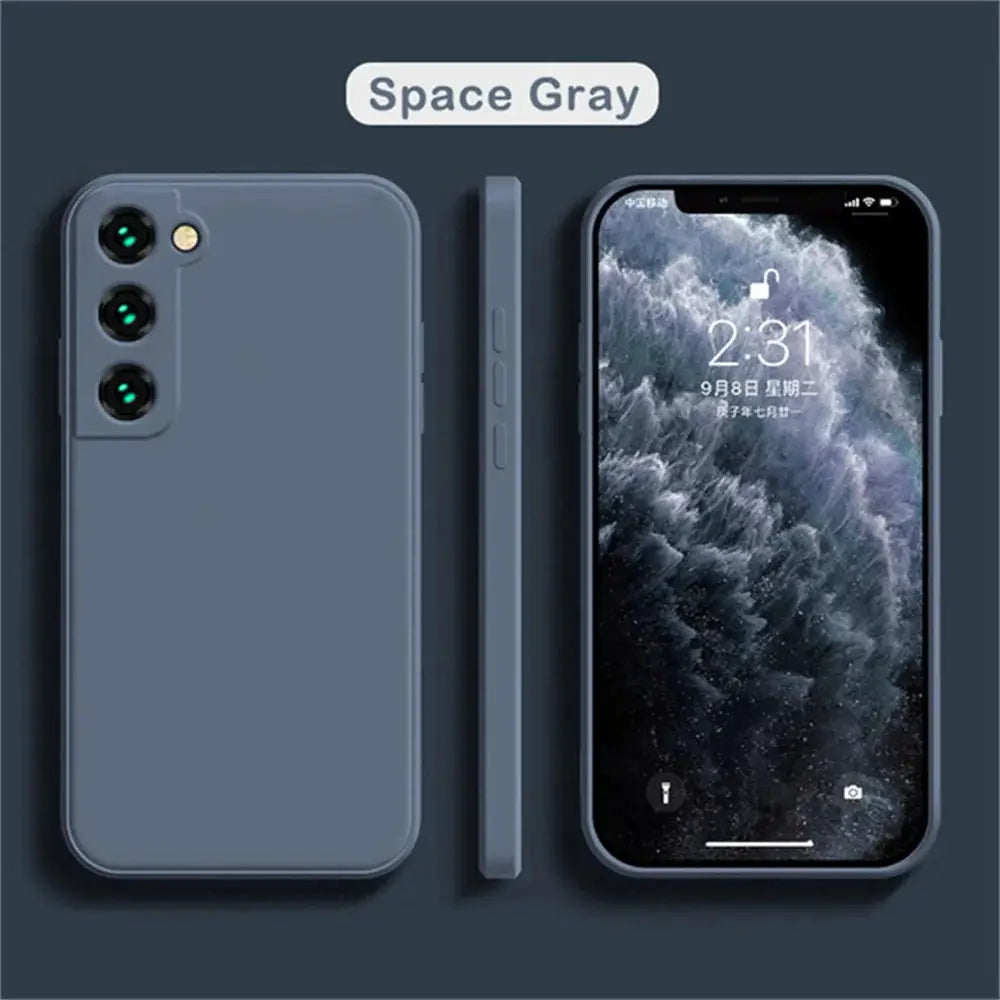 Simples Market Space Gray liquid silicone case for Samsung Galaxy S-series phones, triple-camera rear cutout