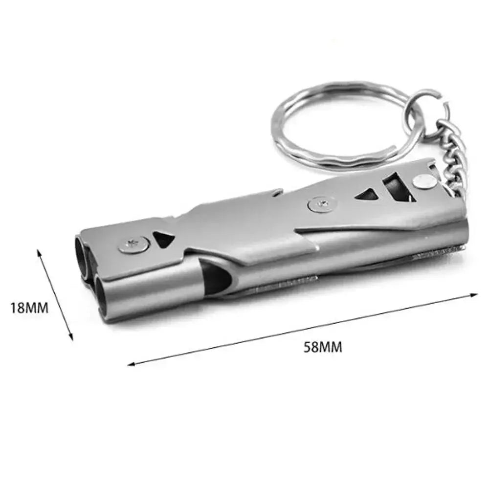 Double pipe whistle pendant keychain by Simples Market, stainless steel, high-decibel outdoor survival tool