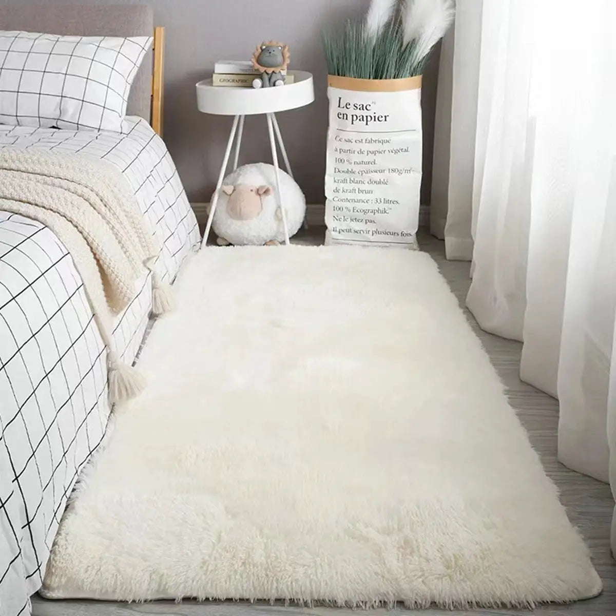 Fluffy white shag area rug from Simples Market for bedroom and living room