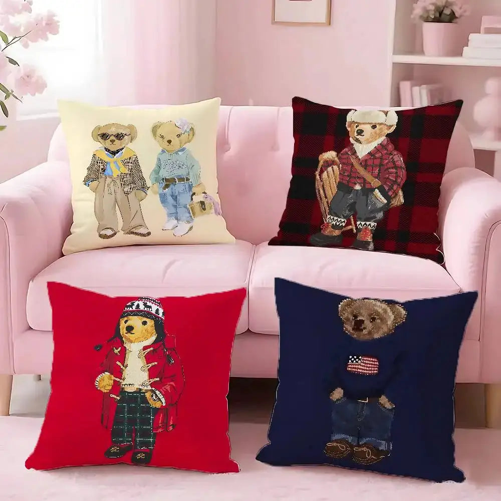 Fashion Bear throw pillow covers set of 4 featuring teddy bears in outfits on colorful backgrounds