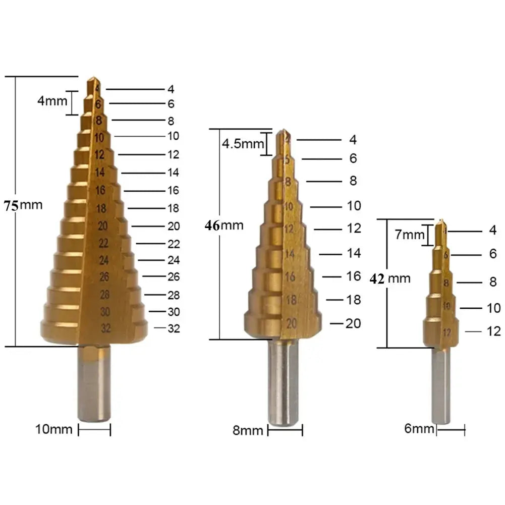 Six Piece Titanium Coated Step and Saw Drill Bit Set for Woodworking and Metal 4 to 12 mm 4 to 20 mm 4 to 32 mm