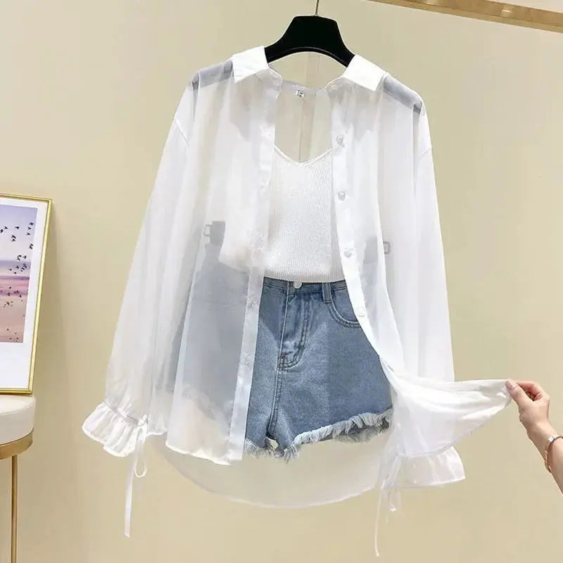 Smvp chiffon blouse, white sheer long-sleeve button-up, layered over white tank top with denim shorts
