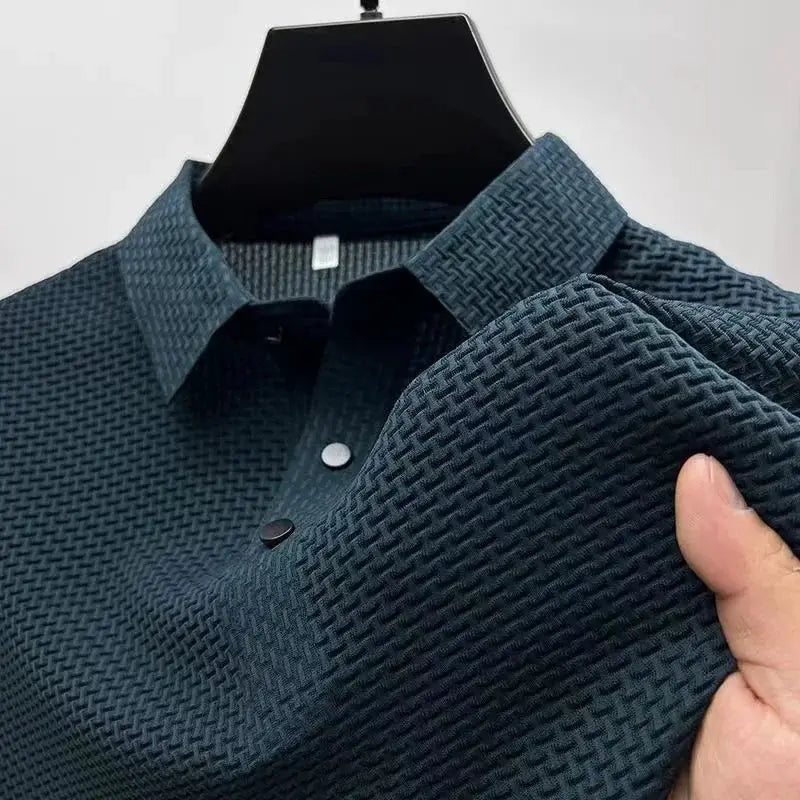 Men's polo shirt with short sleeves, dark blue textured weave, Simples Market