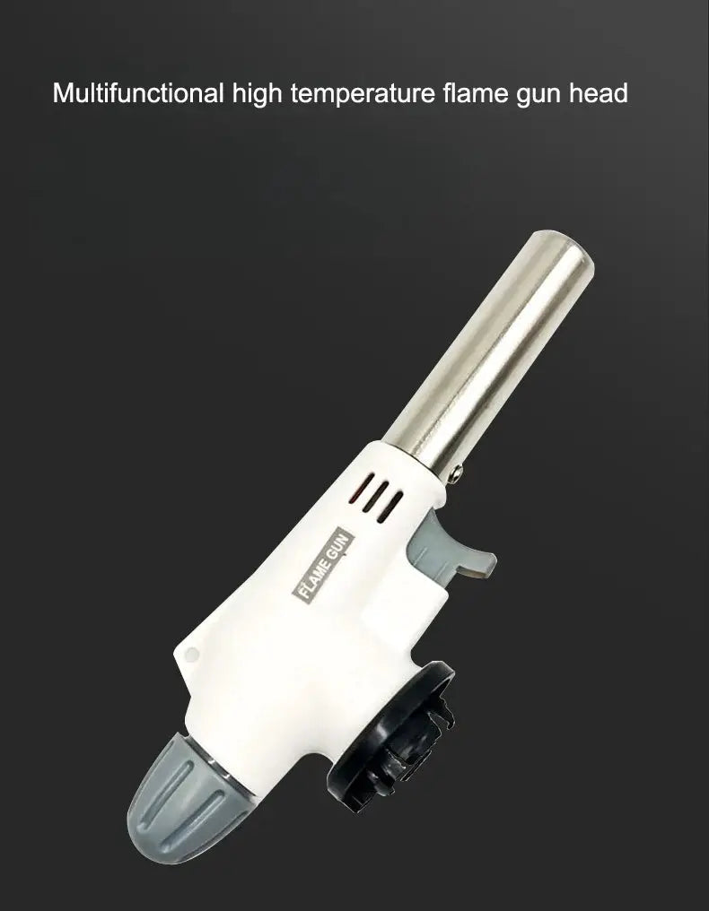 Simples Market multifunctional portable flame gun torch; white body, metal nozzle, gray trigger.