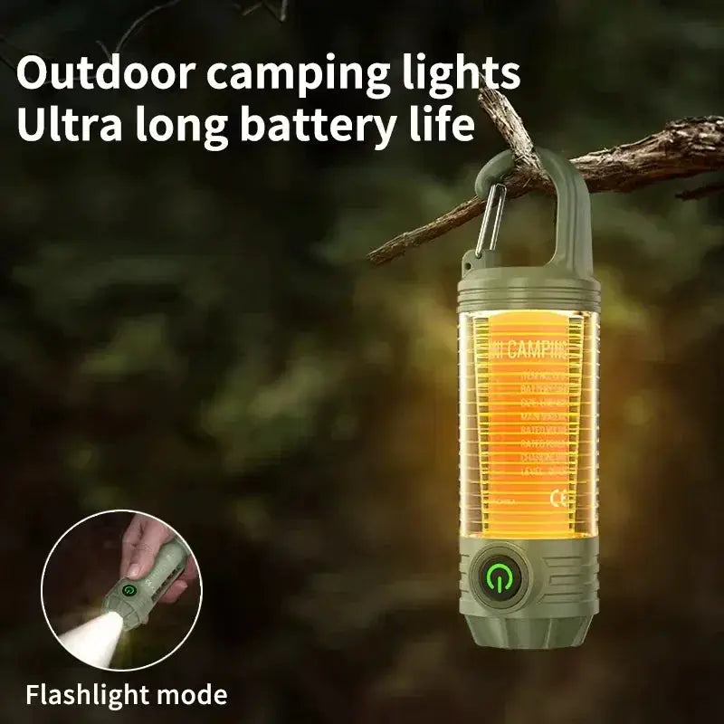 Simples Market outdoor LED camping light, rechargeable lantern with green hook, waterproof.