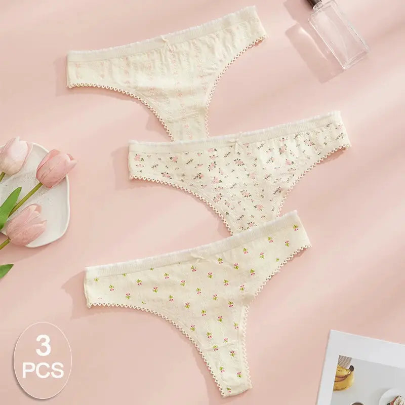 3-pack women's cotton thong panties with lace trim and tiny floral prints