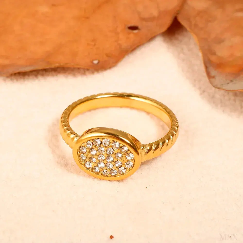 Gold Stainless Steel Ring With Round Bead And Clear Crystal Zircon Waterproof Everyday Fine Jewelry
