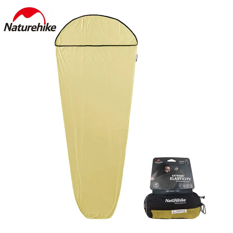 Naturehike sleeping bag liner, yellow ultralight mummy design; 2-piece set with carry pouch