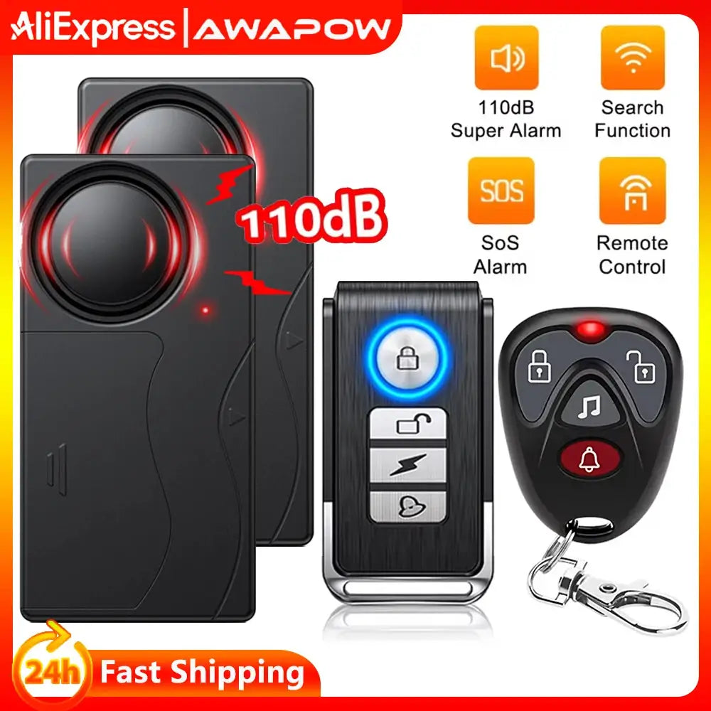 Awapow black wireless vibration alarm kit with 110dB siren, remote control and key fob