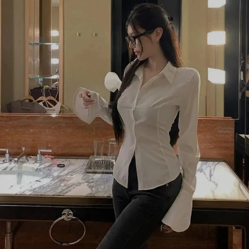 Women's white bandage blouse with bell sleeves, slim-fit button-down shirt for casual streetwear