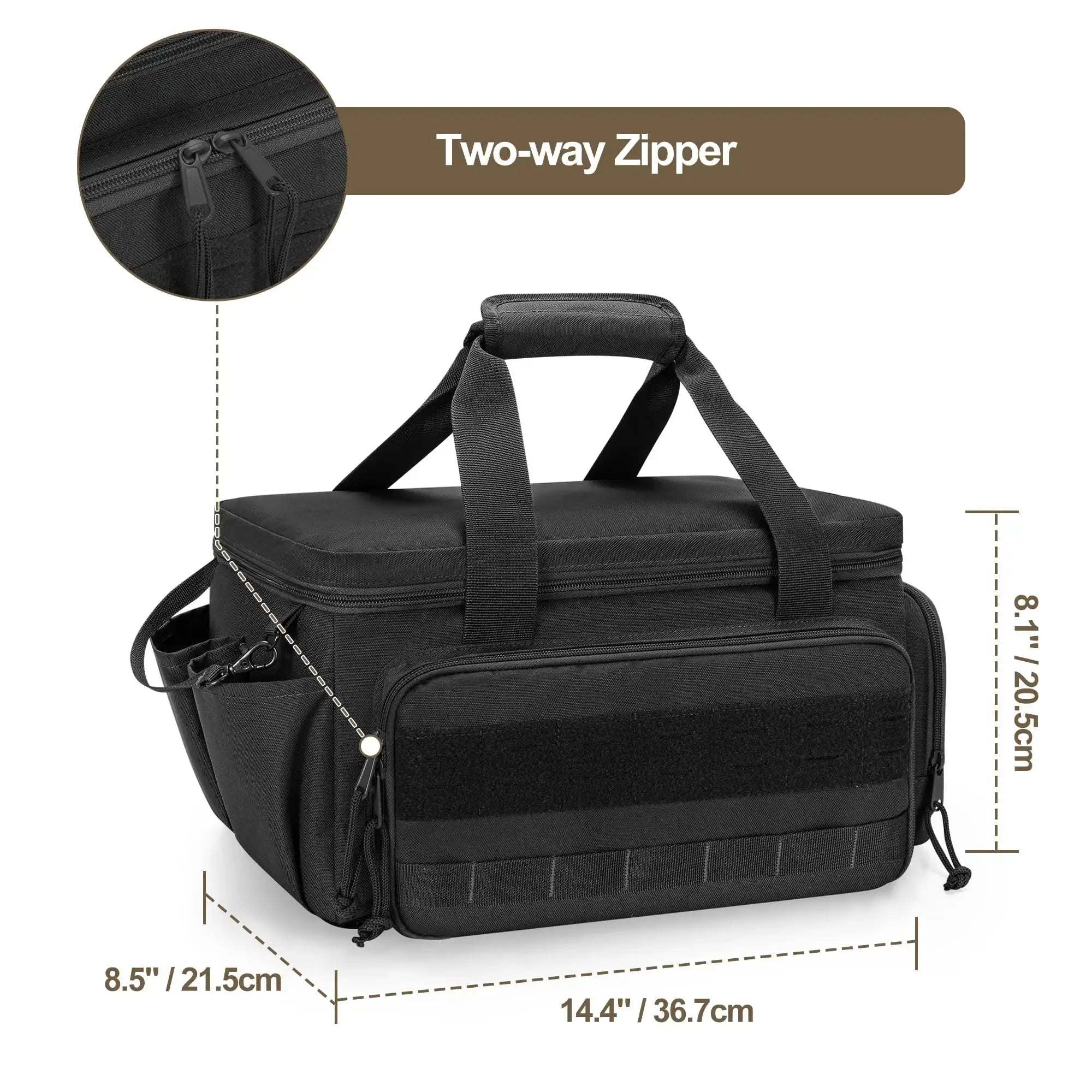 Black toolkit bag with shoulder strap and anti-friction bottom, multiple pockets