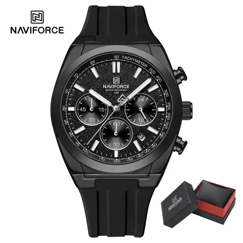 Naviforce men's black chronograph watch with silicone strap, boxed set