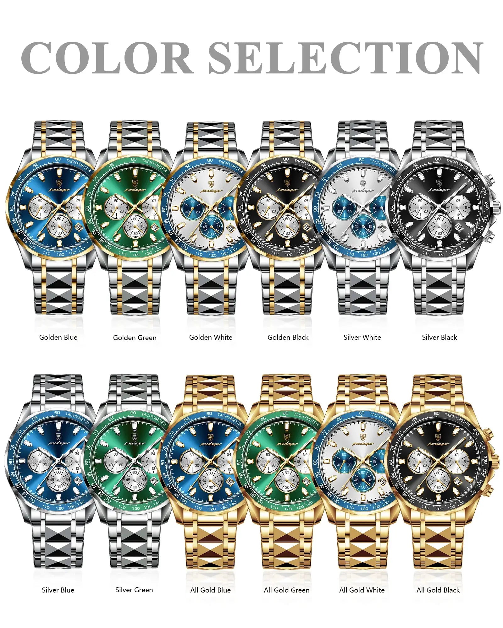 POEDAGAR men's luxury stainless steel chronograph watch color selection with 12 variants.
