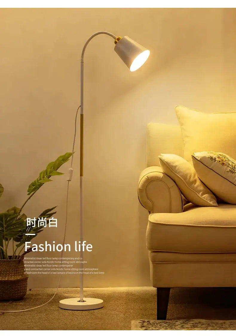 White wrought-iron floor lamp with LED bulb, adjustable reading head for modern living room decor and style.