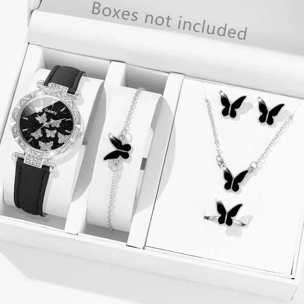 Butterfly Lane Watch Set Leather Strap Quartz Wristwatch With Matching Ring Necklace Earrings Bracelet