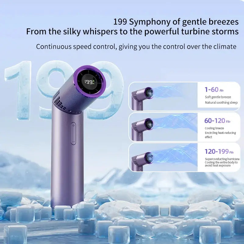 Lipstick-style portable handheld fan by Simples Market, purple color, rechargeable USB, digital display.