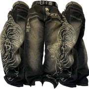 Men's black baggy denim jeans with tiger print, distressed finish, high-waist wide-leg