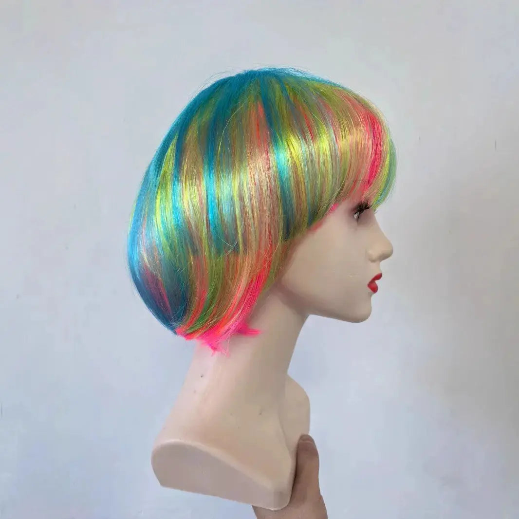 Rainbow short bob wig with bangs for women; synthetic, colorful cosplay hairstyle