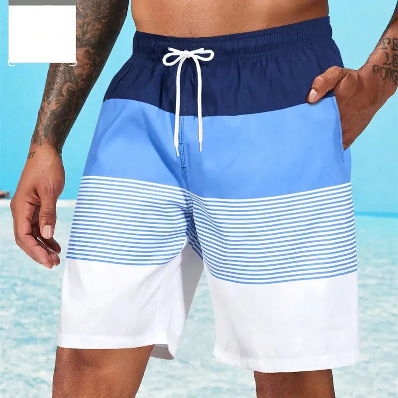 Sea Beach casual men's striped board shorts with navy drawstring waistband, light blue panels and white striped band