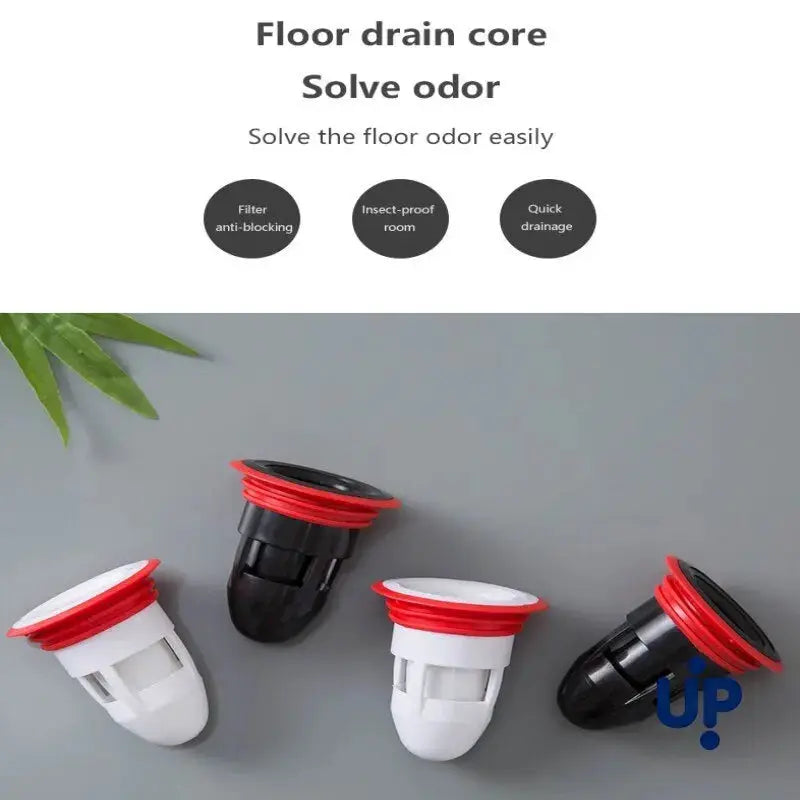Floor drain core set of 4 anti-odor cores with red seals (white and black variants).