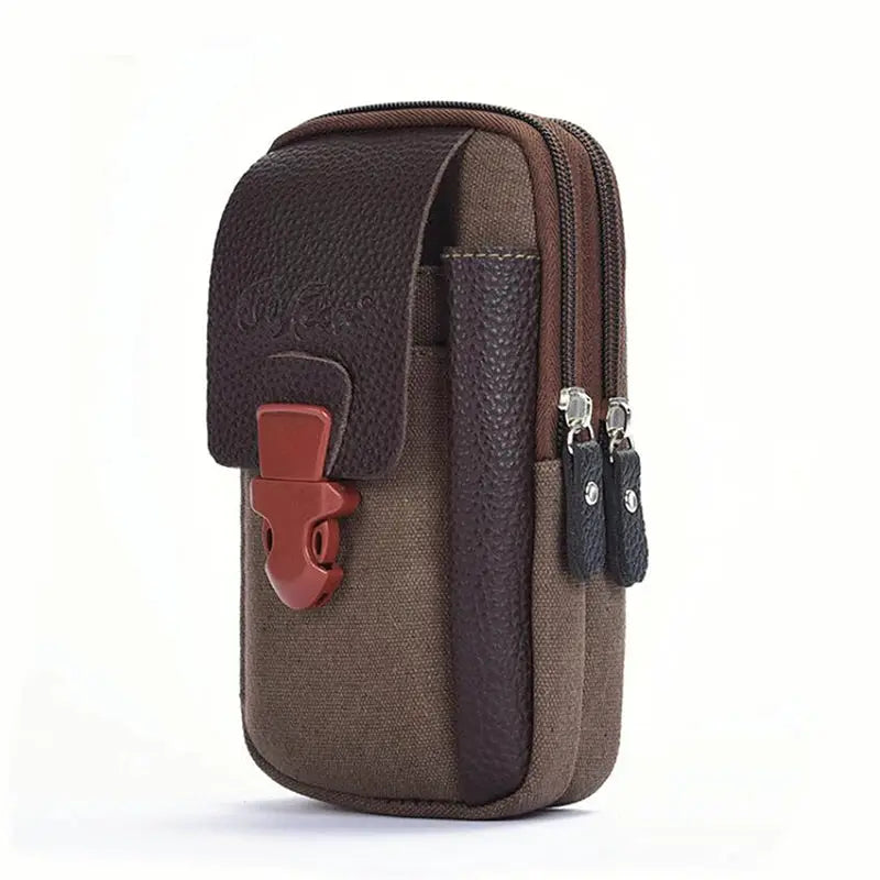 Simples Market waist bag, brown canvas with leather trim, red front buckle and dual zip pockets