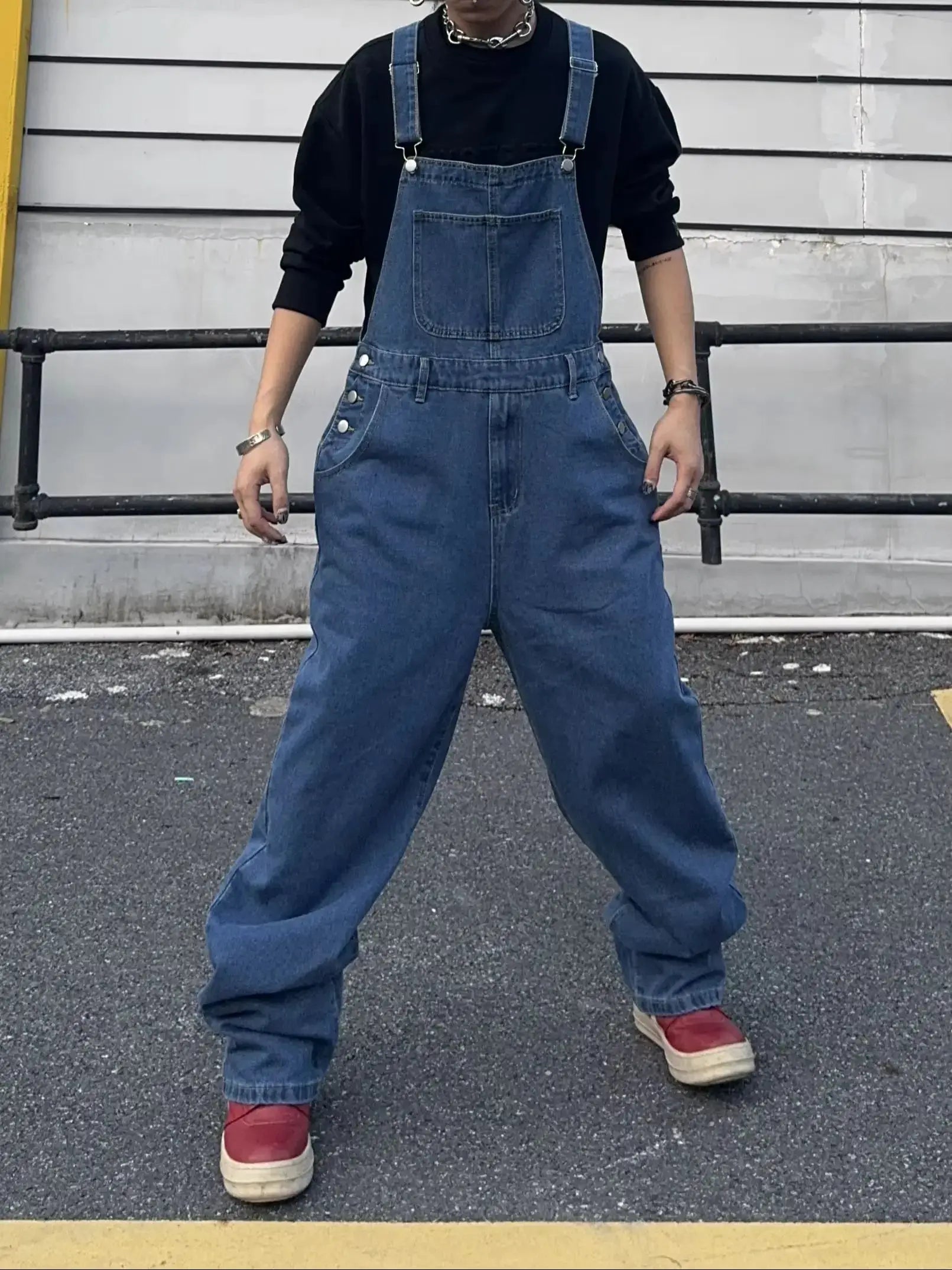 Men's blue denim overalls with suspenders, loose baggy fit, front pocket