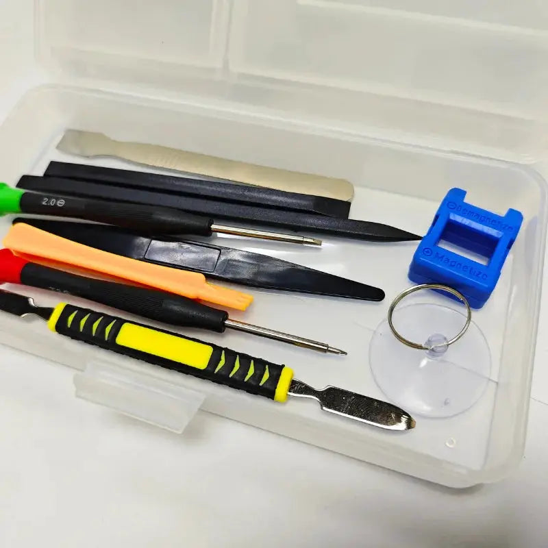 Phone repair organizer box, double-layer case with black and yellow tools, including drivers, spudger, magnetizer and suction cup.