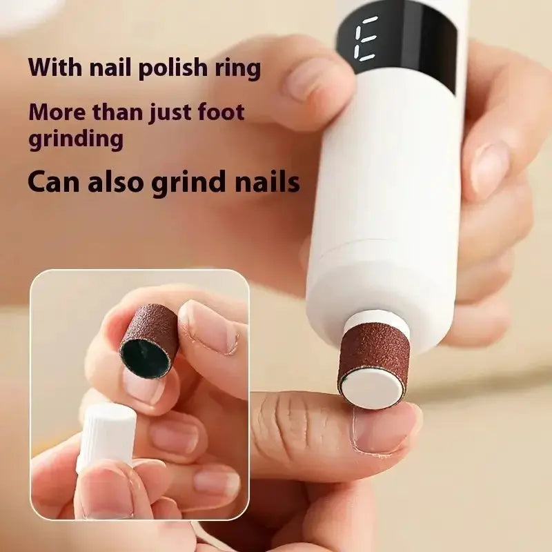 USB charging foot and nail grinder by Simples Market, 2-in-1 foot and nail device with interchangeable sanding heads.