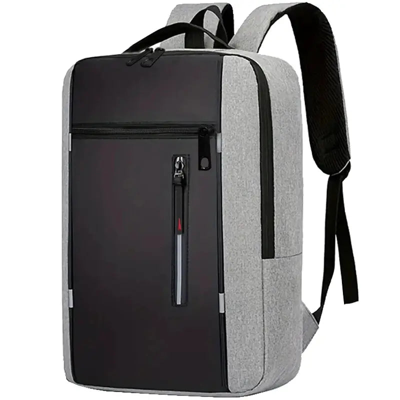 Unisex schoolbag by Simples Market, neutral gray with black front panel, ideal for business and travel