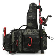 Multi-Purpose Fishing Tackle & Lure Backpack in camouflage pattern with fishing rod and reel attached.