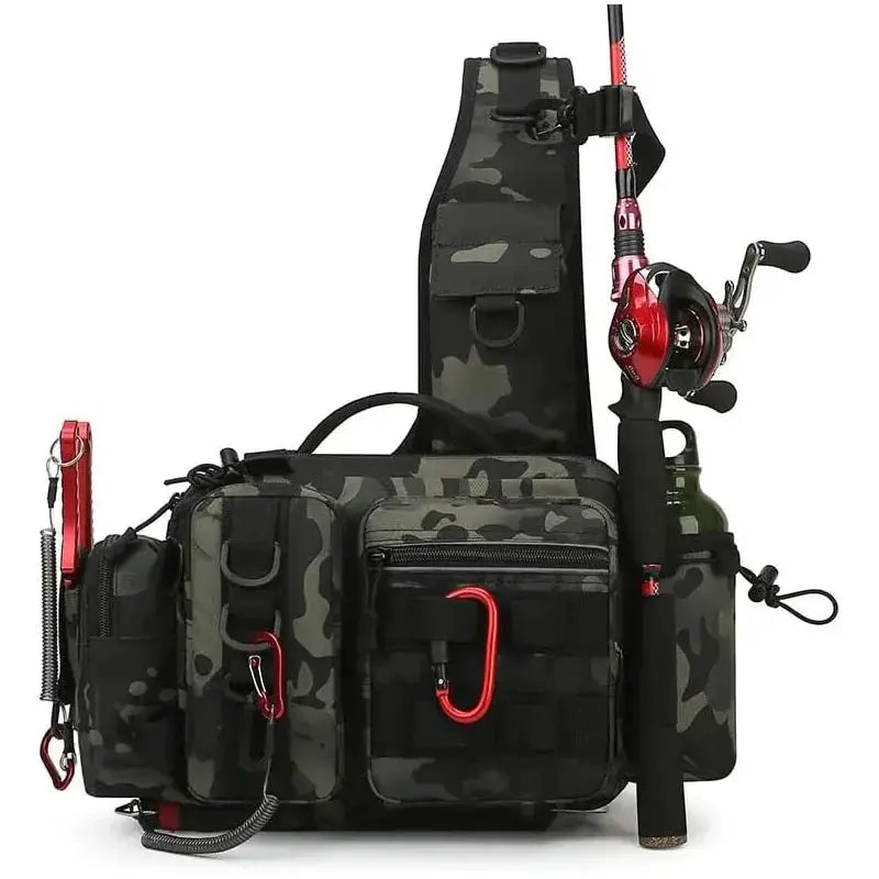 Multi-Purpose Fishing Tackle & Lure Backpack in camouflage pattern with fishing rod and reel attached.