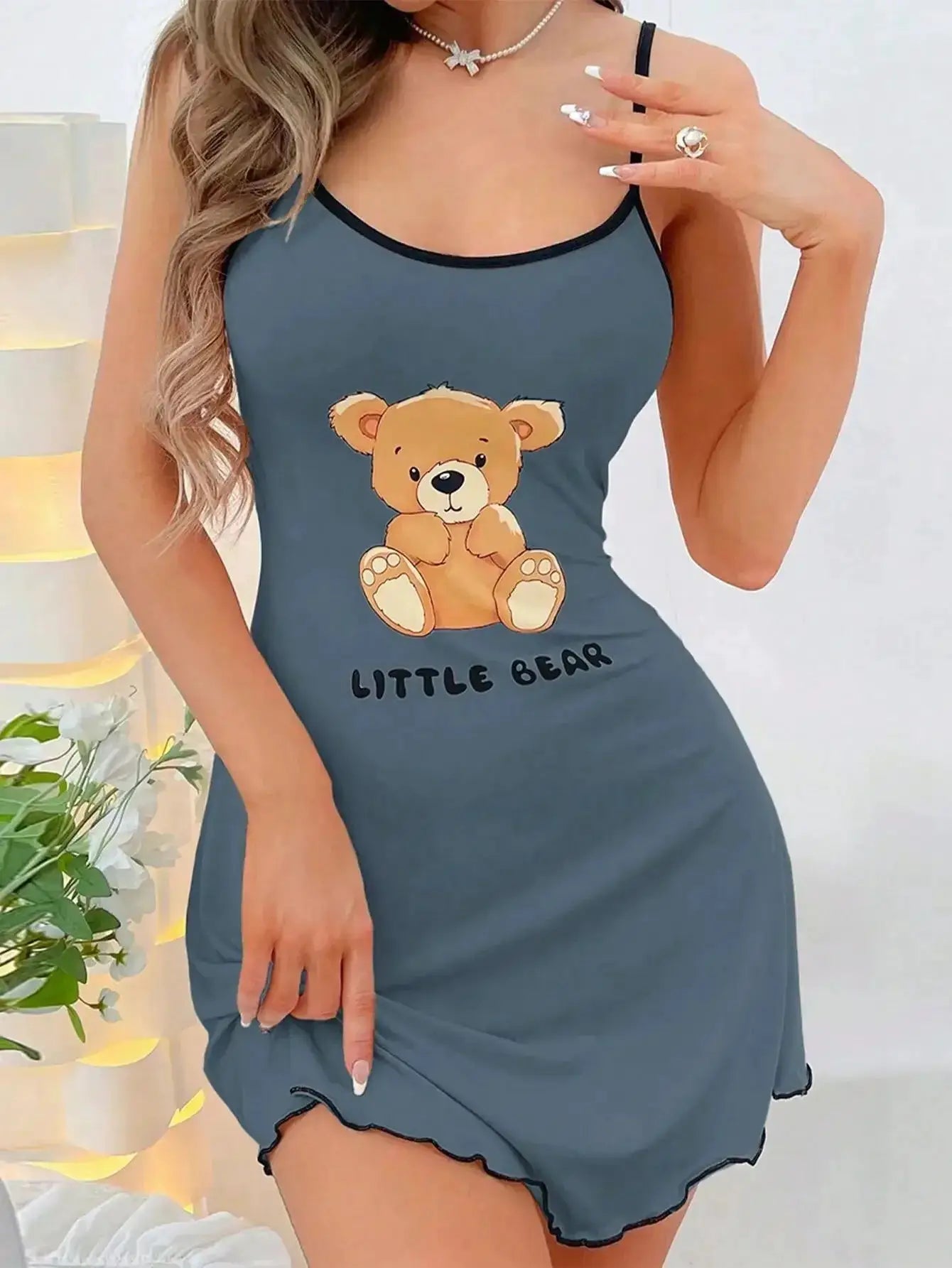 Little Bear Summer Suspenders Mini Dress for Women Sleepwear Lightweight Comfort Cartoon Bear Print