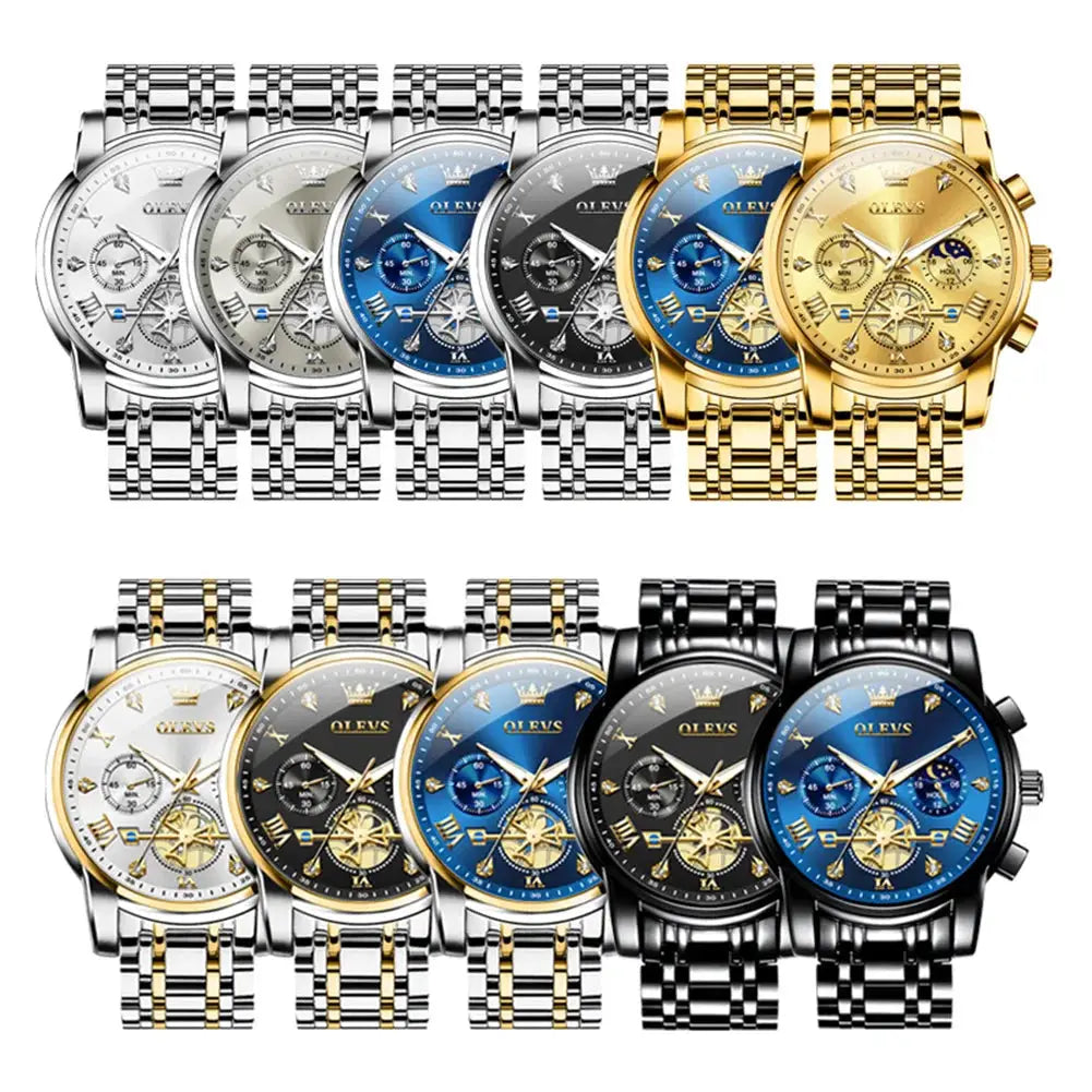 OLEVS men's luxury watch set, 12-piece collection with silver, gold, black, and blue dials on stainless steel bands