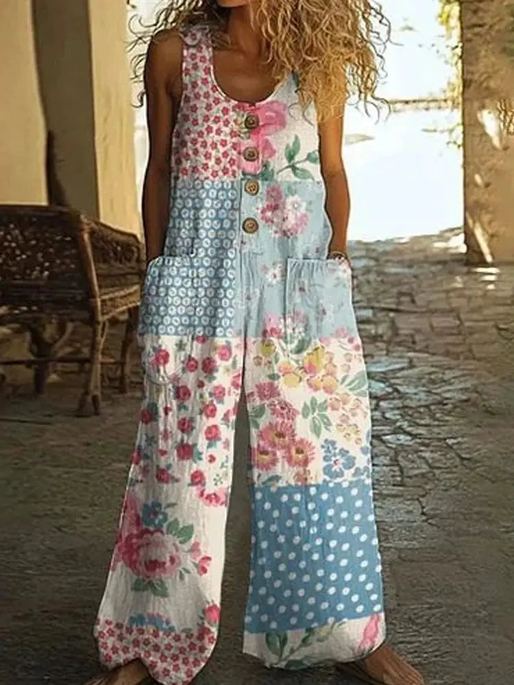 Vintage patchwork floral sleeveless jumpsuit with front buttons and wide legs in blue, pink, and white prints