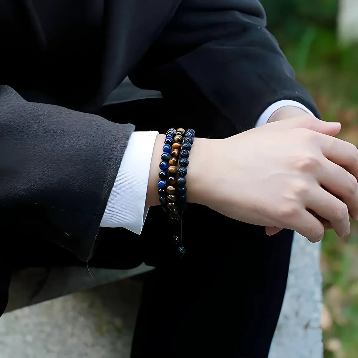 Three Style 8mm Natural Tiger Eye and Lava Rock Handmade Bracelets for Men Gift Set
