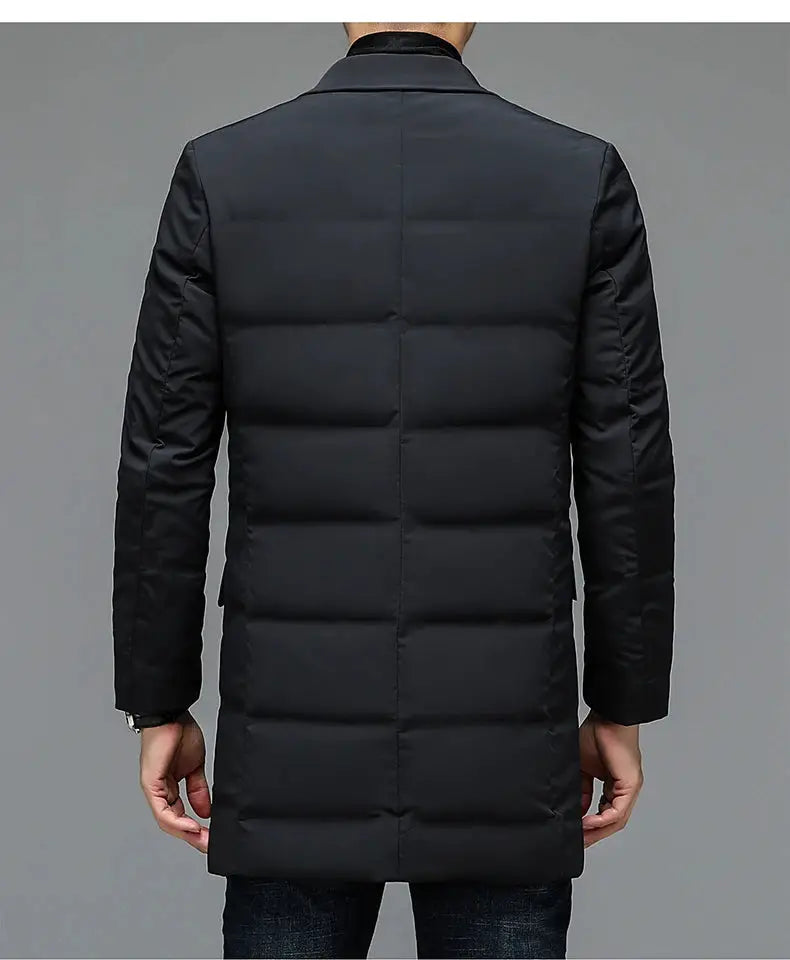 Simples Market men's black long quilted down jacket with horizontal baffles.