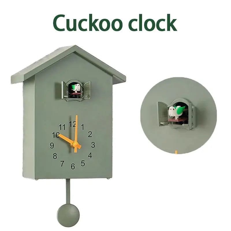 Simples Market cuckoo wall clock, 20x25cm gray-green case with orange hands and bird cuckoo.