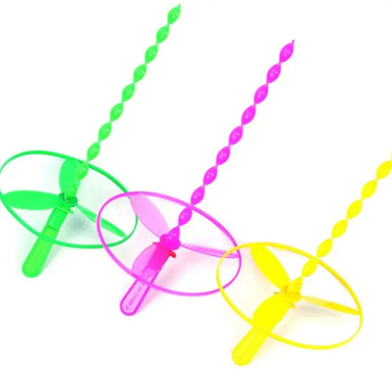 Twenty Piece Colorful Bamboo Dragonfly Plastic Hand Push Flying Toys For Kids Party Favors And School Goodie Bags