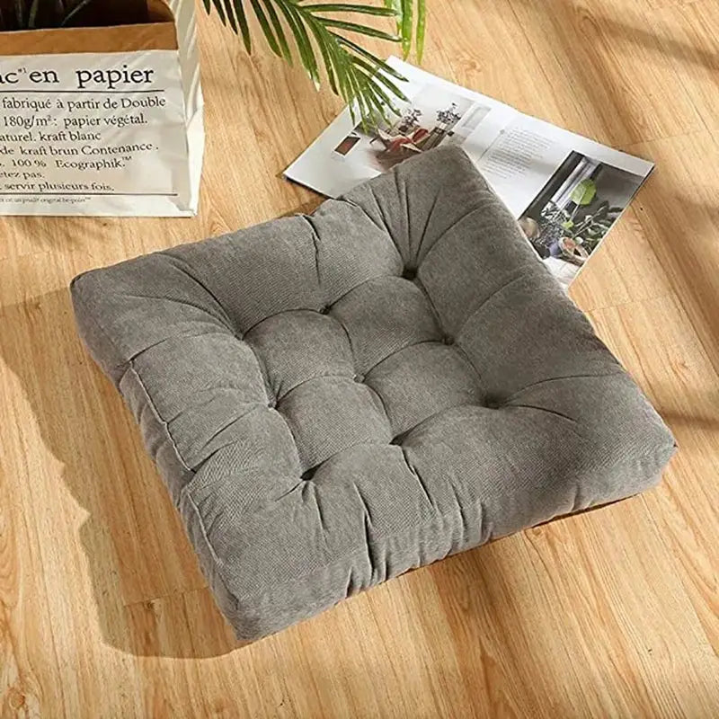 Simples Market gray square floor pillow; tufted, thick seating cushion for meditation and yoga.