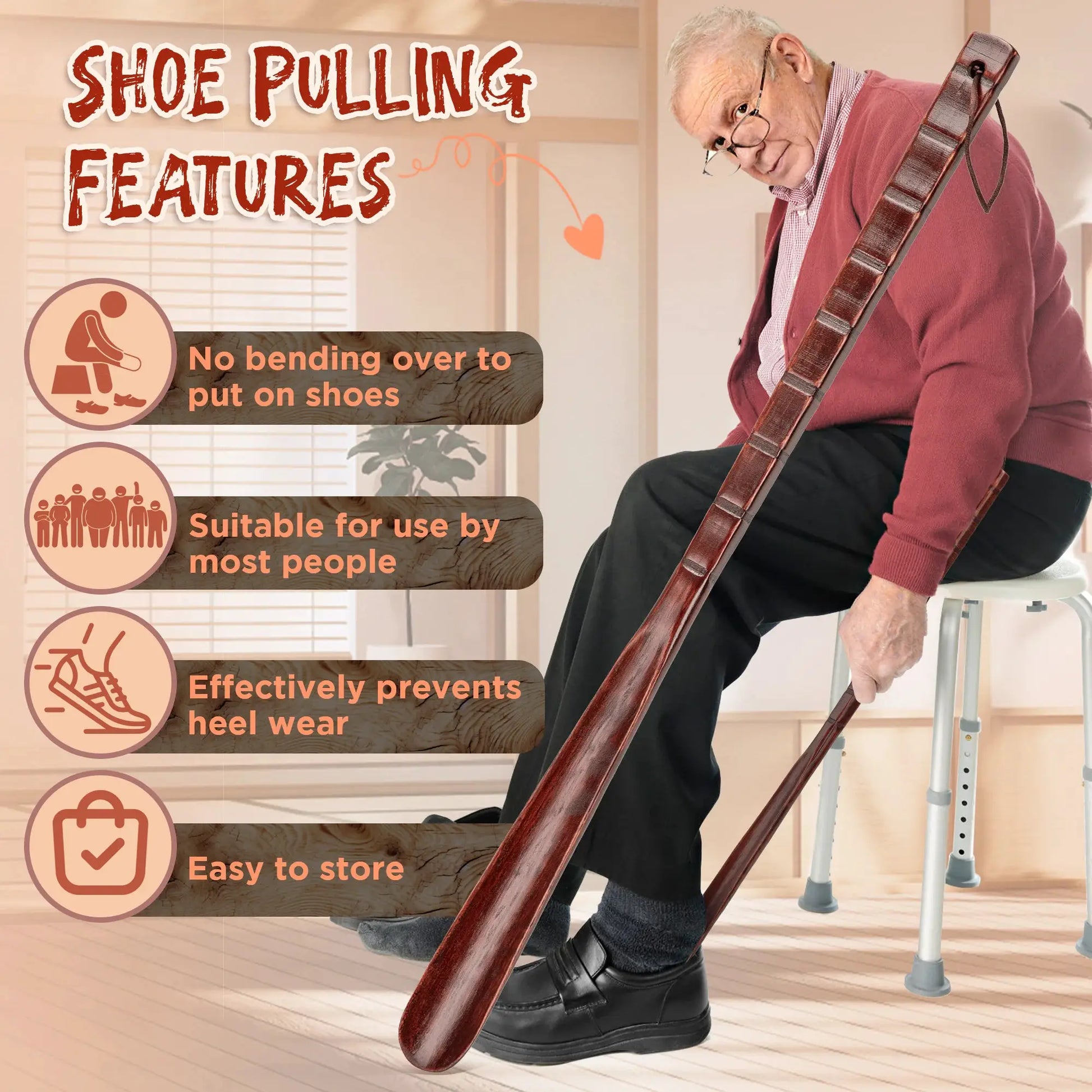 Shoe horn, beech wood with a long, non-slip handle for seniors; Simples Market