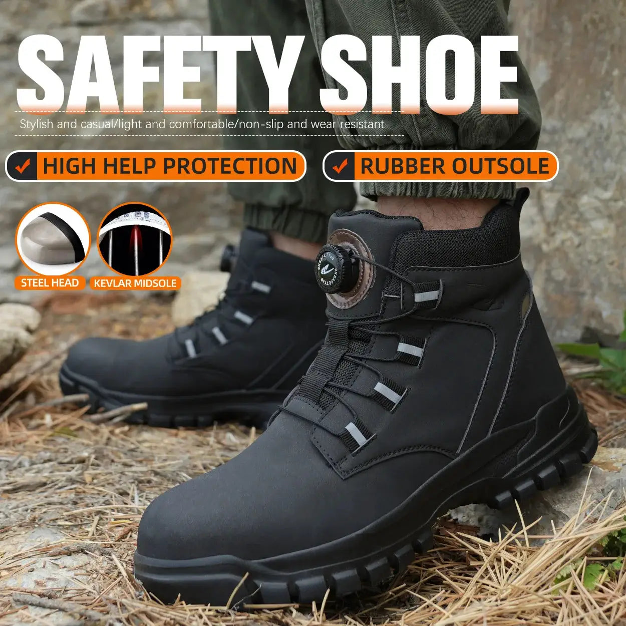 Rotating Button Work Shoes For Men Anti Puncture Waterproof Steel Toe Non Slip Safety Boots
