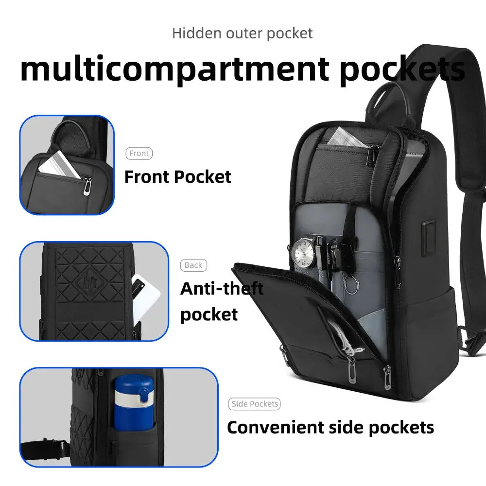Simples Market HK anti-theft men's shoulder bag, black waterproof Oxford with USB crossbody and multiple pockets