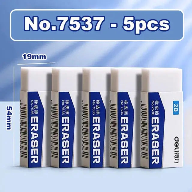 Deli 2B erasers, 5pcs pack, mess-free soft erasers for pencil corrections