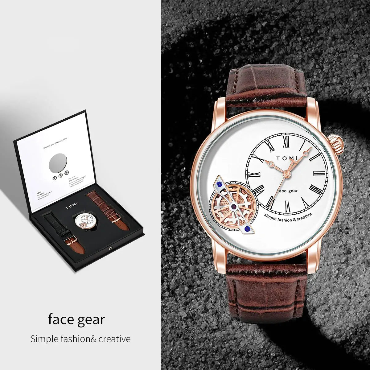 TOMI men's quartz watch set in gift box with double brown and black leather straps and rose-gold case
