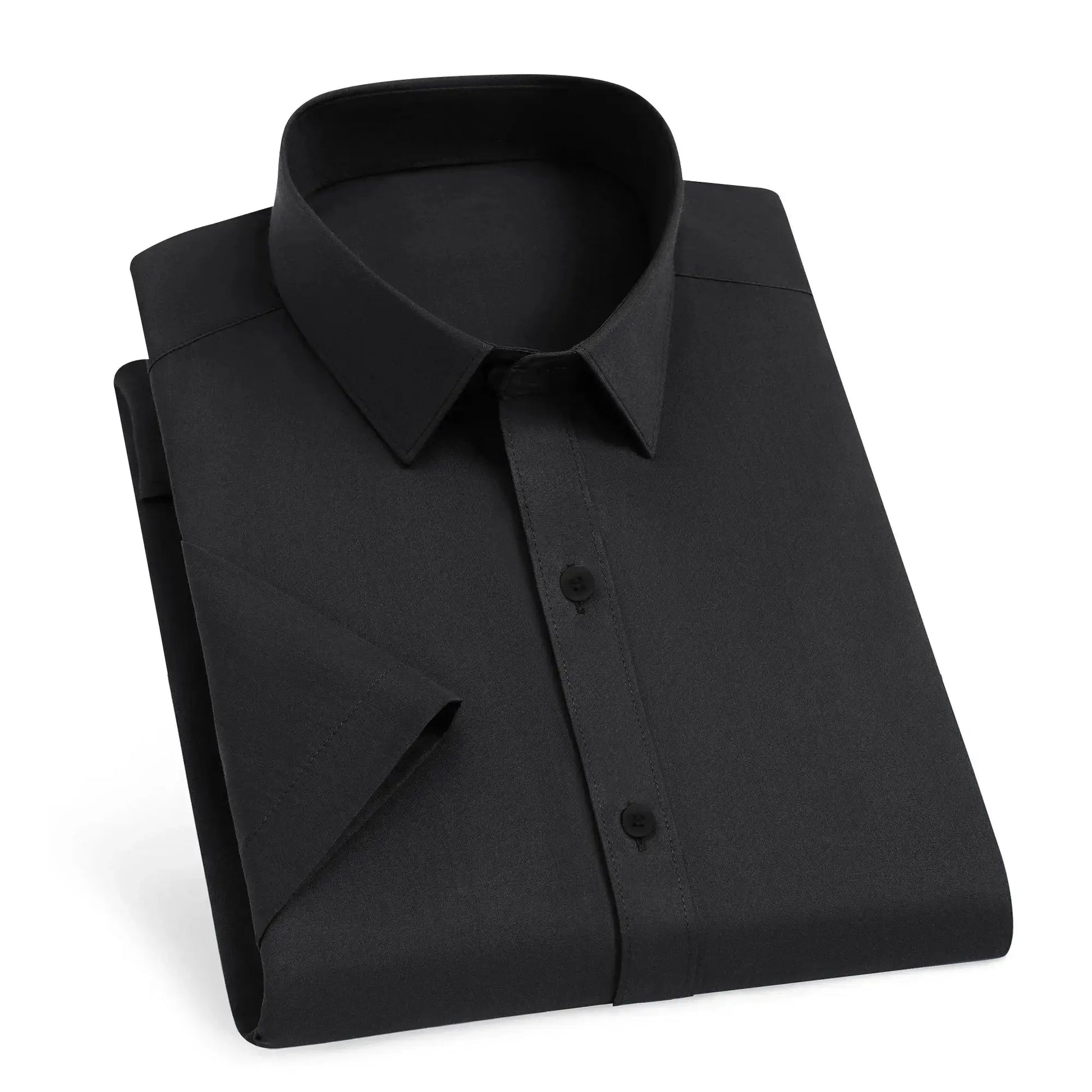 Men's black dress shirt by Simples Market, solid color, no-iron fabric.