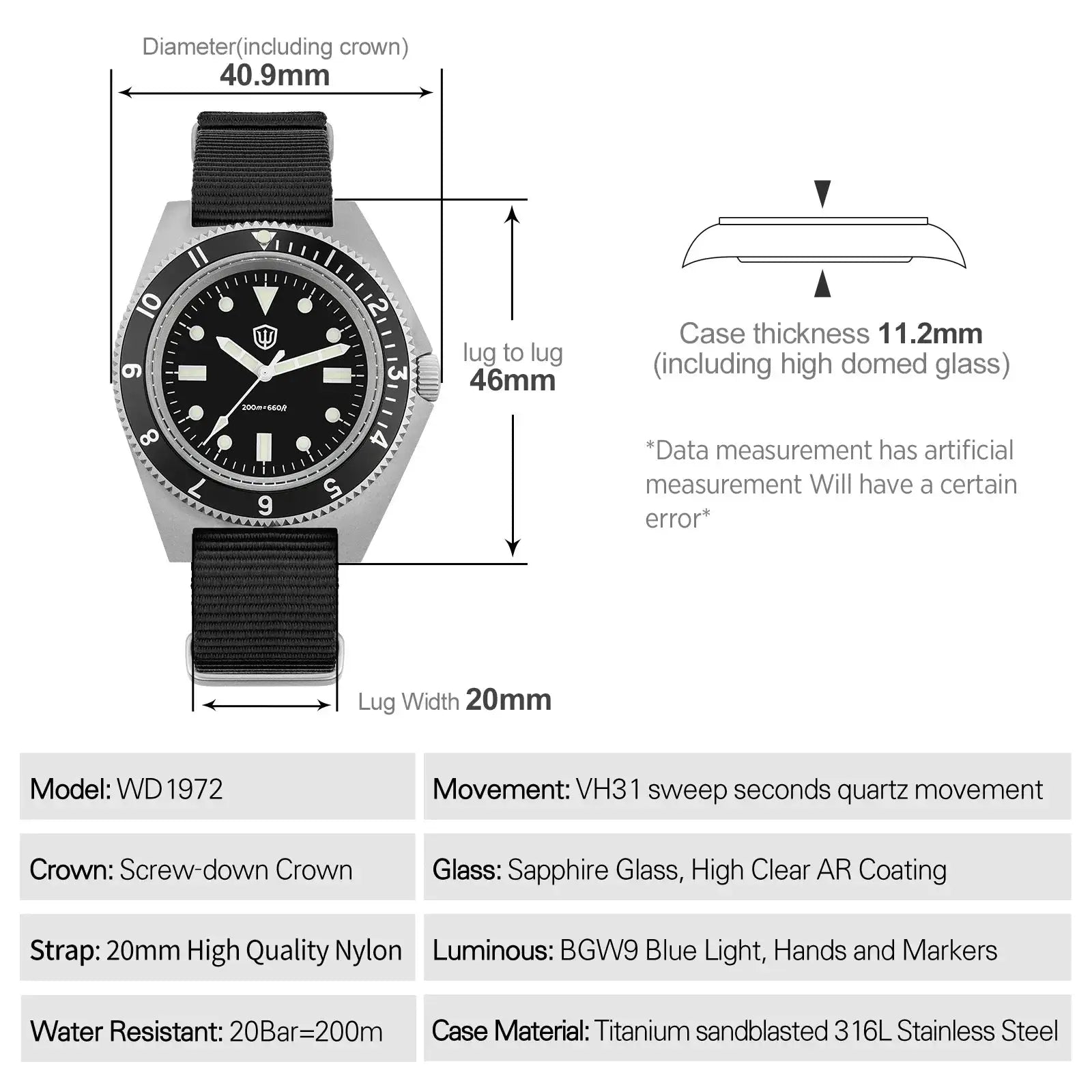 Watchdives WD1972 diver watch with black dial and bezel, nylon strap