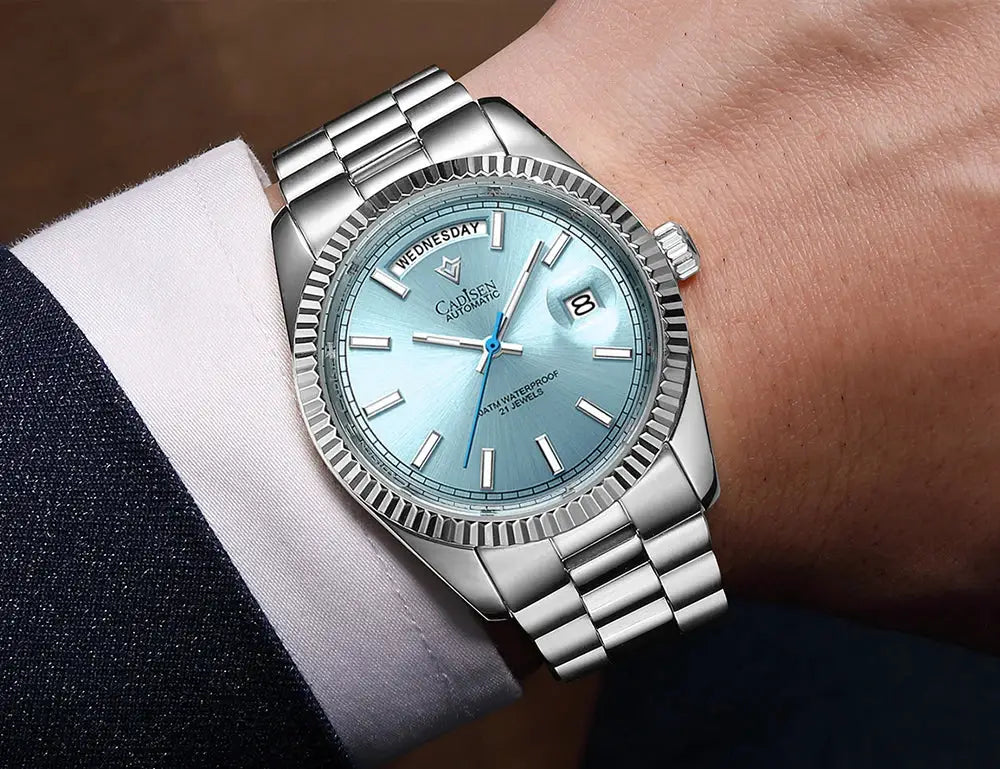 CADISEN DD40 men's automatic watch with blue dial and stainless steel bracelet