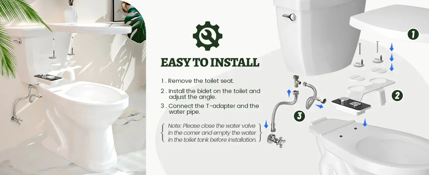 SAMODRA bidet attachment on white toilet; non-electric cold-water unit with pressure controls and self-cleaning