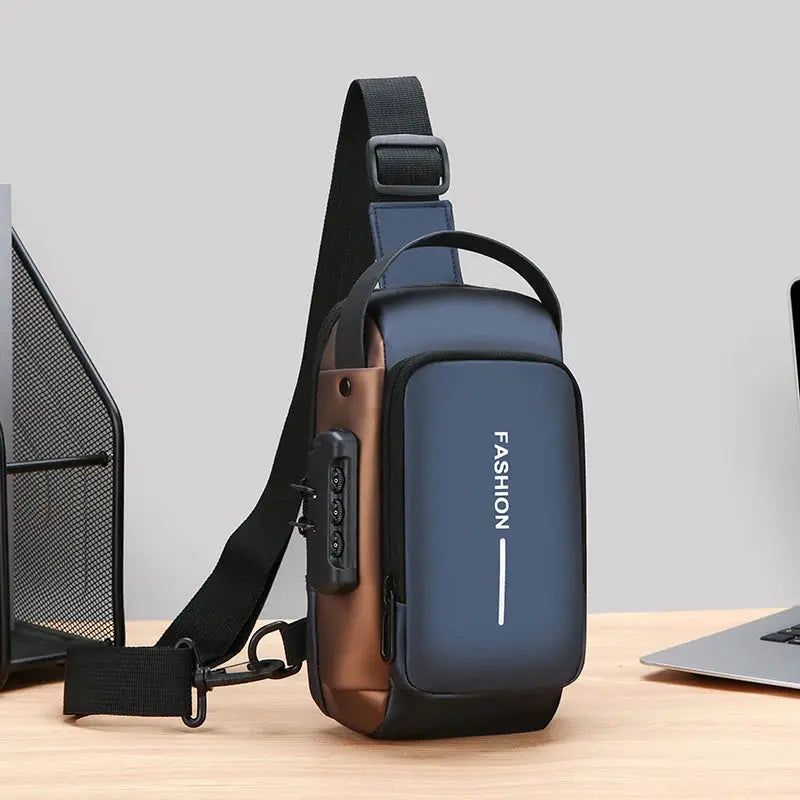 Men's anti-theft chest bag, blue with brown side panels, USB charging crossbody
