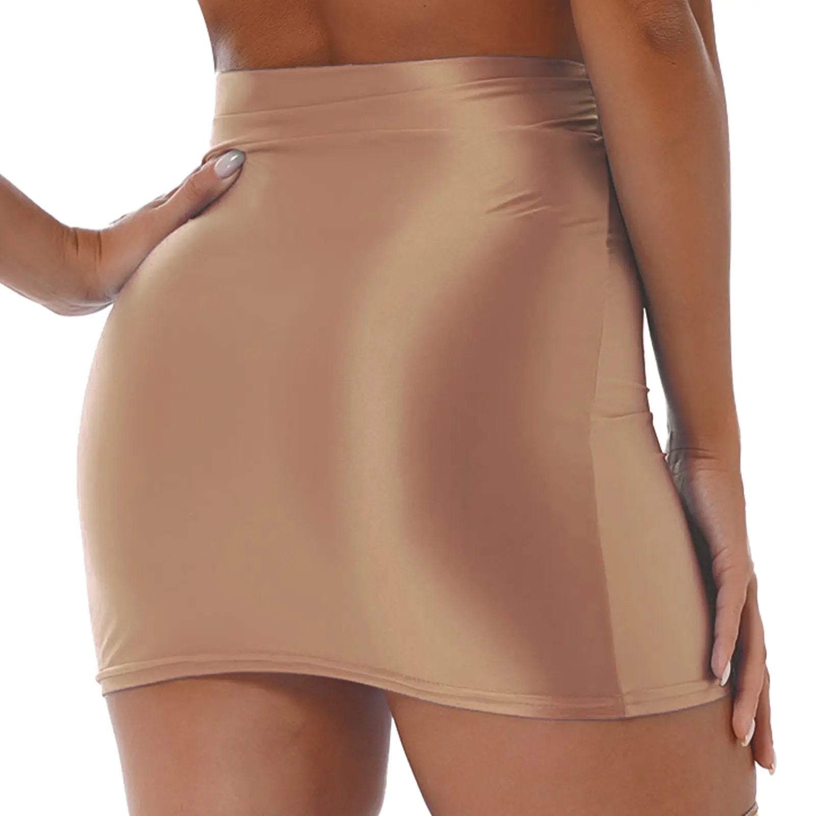 Glossy patent leather mini skirt in champagne nude, back view, Simples Market